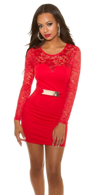 long sleeve shift dress with lace Red